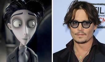 Montagem de personagem Victor Van Dort do filme 'A noiva cadáver' e foto de Johnny Depp ao lado