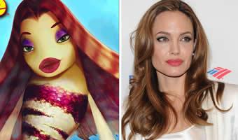Montagem de personagem Lola do filme 'O espanta tubarões' e foto de Angelina Jolie ao lado