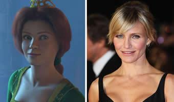 Montagem de personagem Fiona da sequência de filmes 'Shrek' e foto de Cameron Diaz ao lado