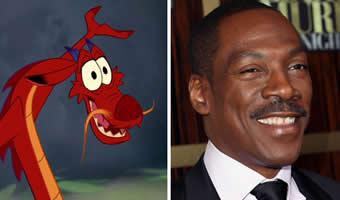 Montagem de personagem Mushu do filme Mulan com foto de ator Eddie Murphy ao lado