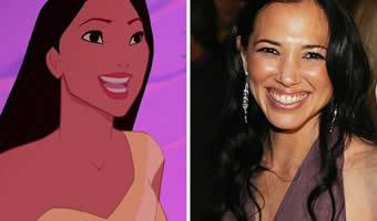 Montagem de personagem Pocahontas com foto de dubladora Irene Bedard ao lado