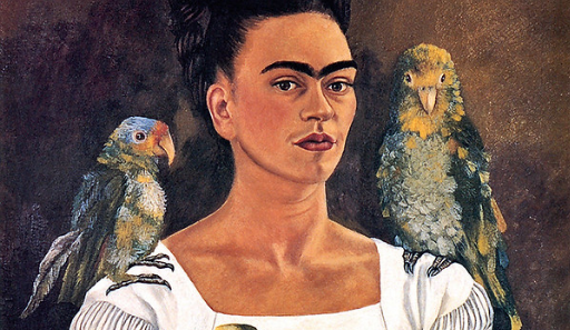 Auto retrato que Frida pintou contendo pássaros em seus ombros