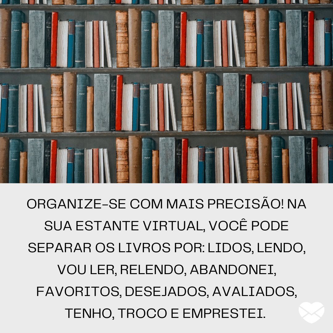 'Organize-se com mais precisão! Na sua estante virtual, você pode separar os livros por: lidos, lendo, vou ler, relendo, abandonei, favoritos...' - Skoob