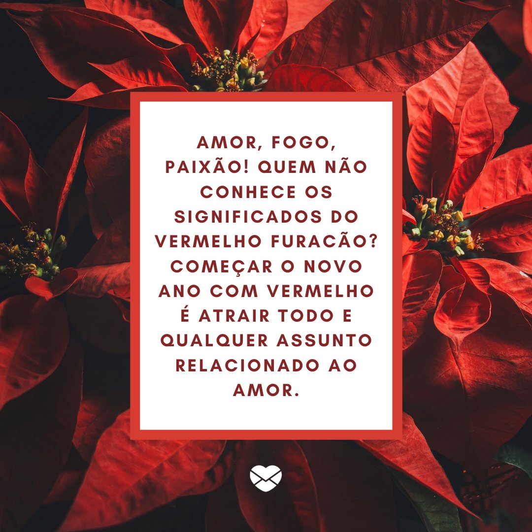 'Amor, fogo, paixão! Quem não conhece os significados do vermelho furacão? Começar o novo ano com vermelho é atrair todo e qualquer assunto relacionado ao amor.' - Significados das cores para Reveillon