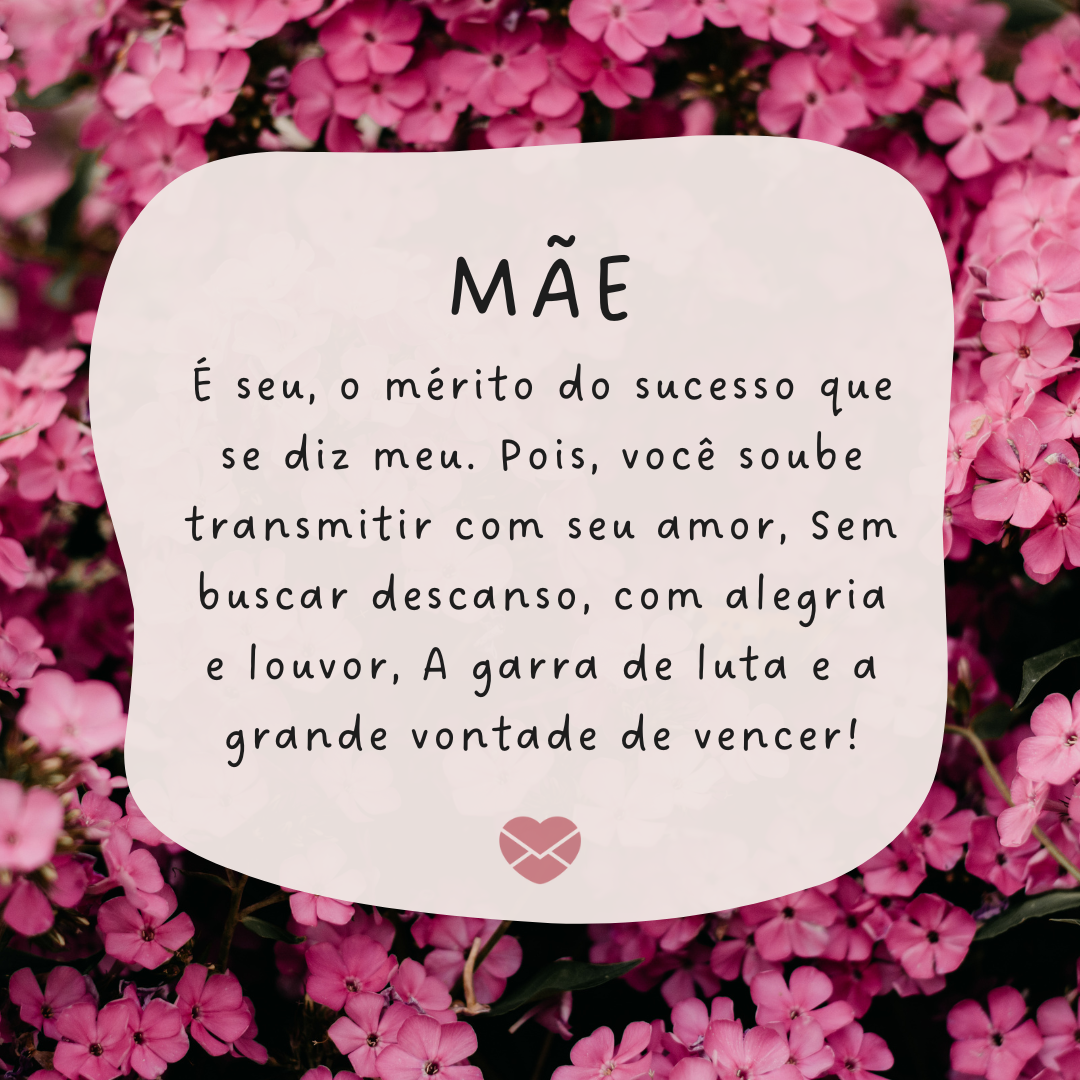 'Mãe É seu, o mérito do sucesso que se diz meu. Pois, você soube transmitir com seu amor, Sem buscar descanso, com alegria e louvor, A garra de luta e a grande vontade de vencer!' - Depoimentos para as Mães