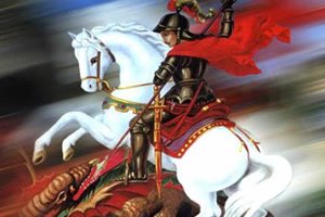 São Jorge montado em cavalo branco e capa vermelha ao vento