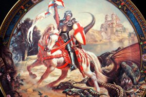 Gravura de São Jorge com armadura vermelha e dragão ao lado de seu cavalo