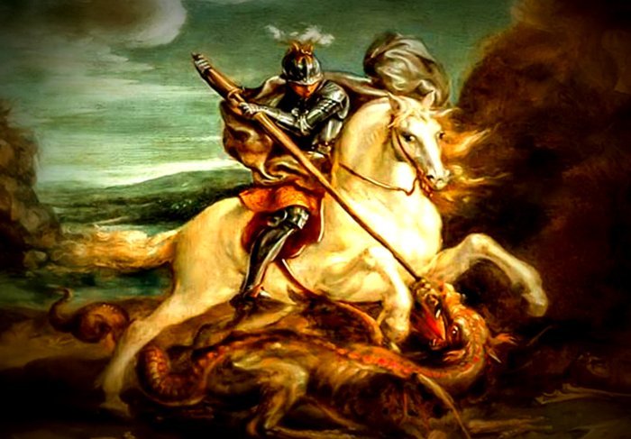 São Jorge montado em um cavalo e lutando contra dragão