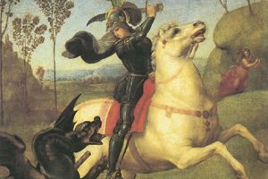Pintura de São Jorge com espada erguida lutando contra dragão
