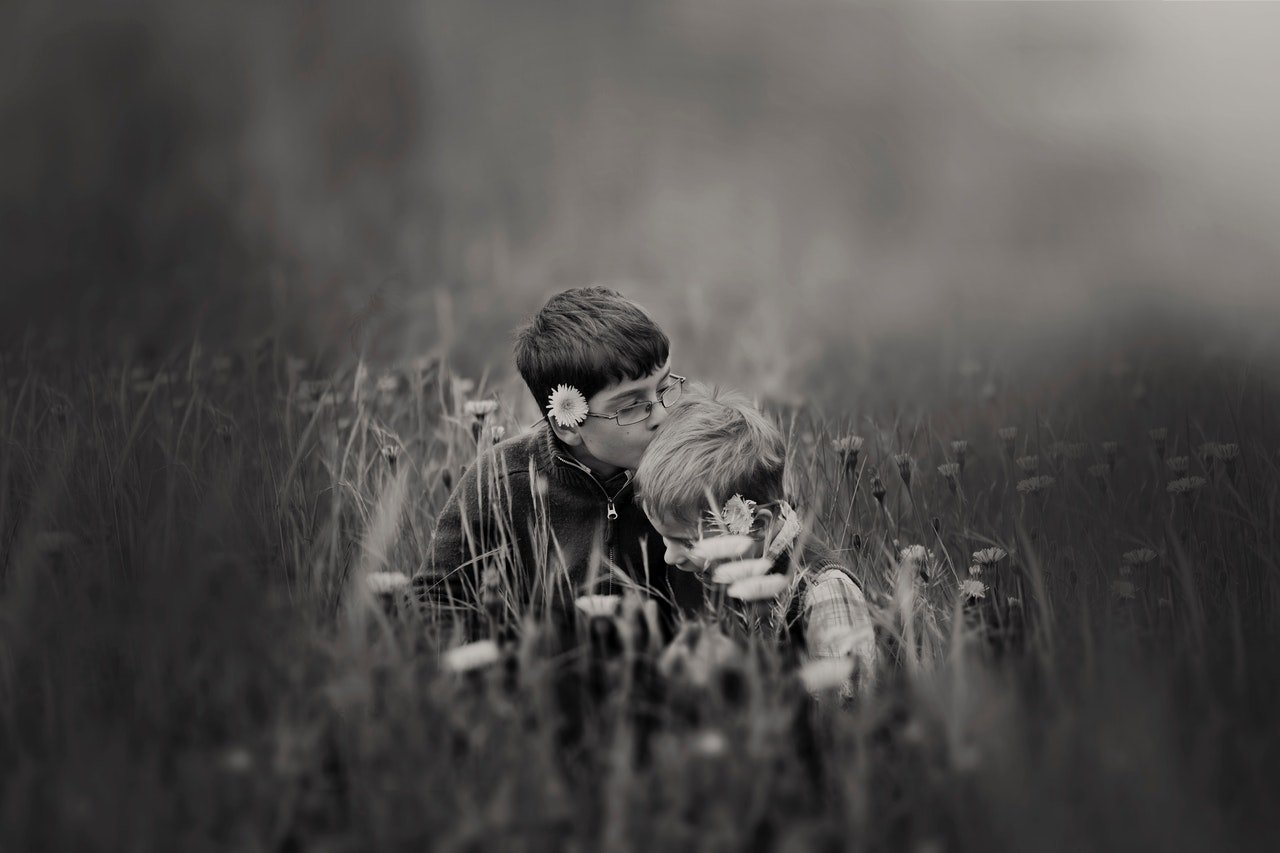 Dois meninos sentados em um cenário de campo. Um deles, com uma flor atrás da orelha, beija a cabeça do outro e o abraça.