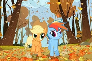 Applejack e Rainbow Dash andando em floresta