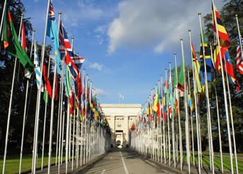 Bandeiras dos países na entrada de um prédio da ONU