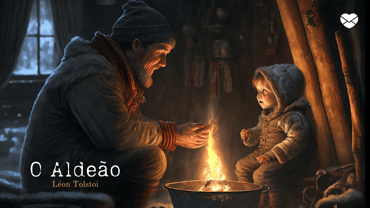 Um aldeão e uma criança se aquecendo no fogo