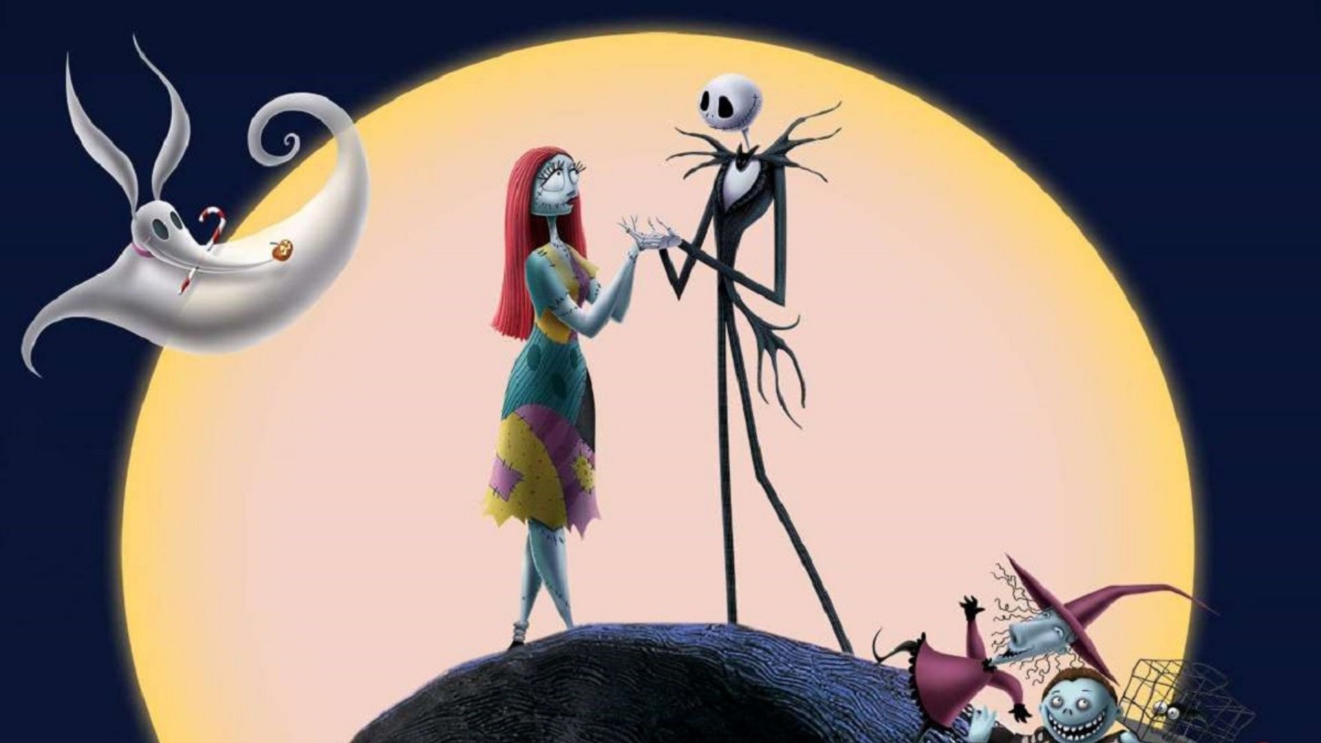 Jack e Sally juntos em cima de uma colina com as mãos dadas e a lua ao fundo