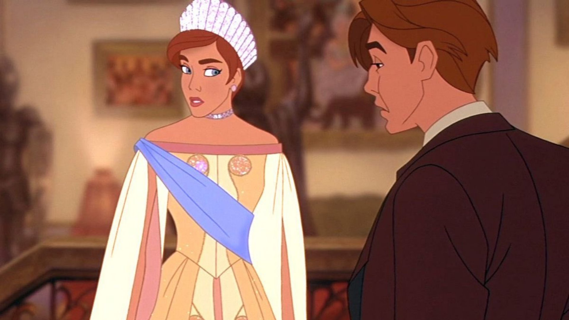 Anastasia usando suas vestes de princesa assim como uma coroa conversando com Dimitri