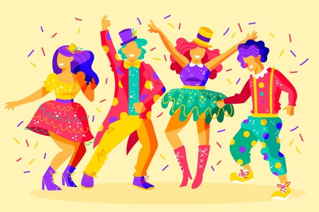 Ilustração de carnavalescos dançando com roupas coloridas.
