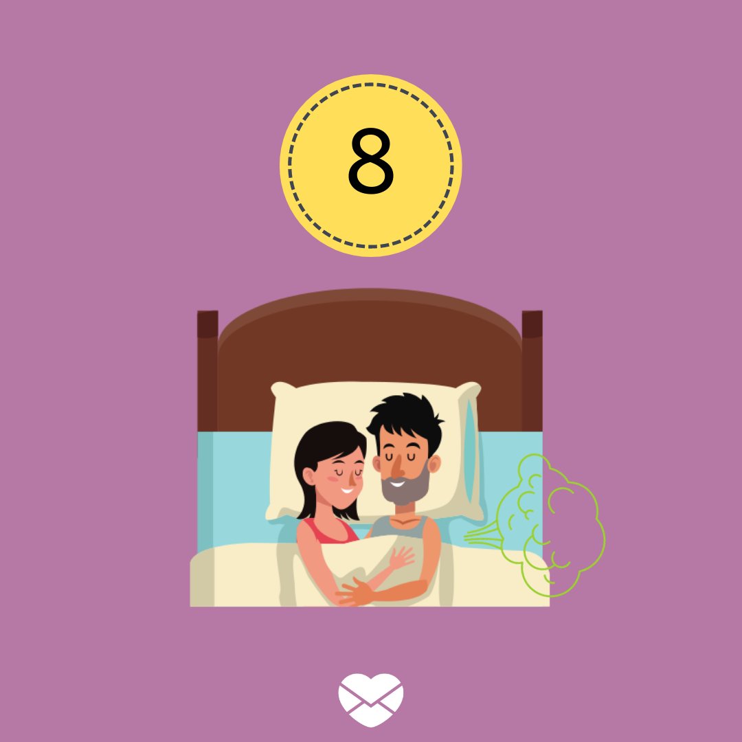 Ilustração com número 8 e casal deitado na cama com homem soltando pum
