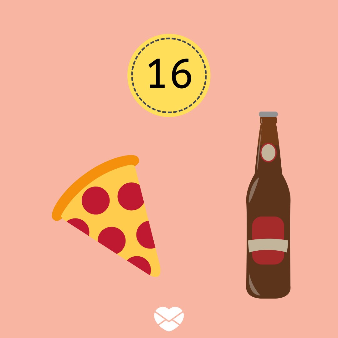 Ilustração com número 16 e pedaço de pizza e cerveja