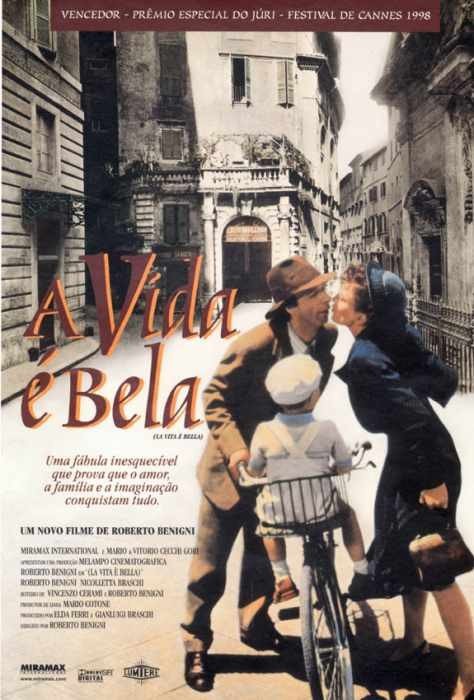 Poster do filme 'A vida é bela', com os personagens principais juntos  em uma rua.