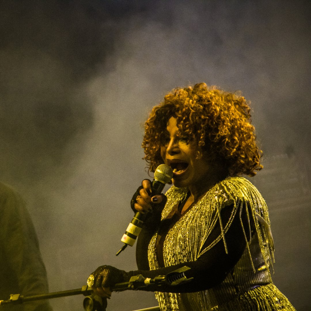 Imagem da cantora Elza Soares cantando em um show