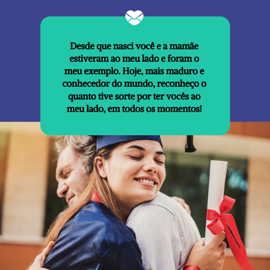 Seb_ra / Getty Images Pro / Canva / Mensagens com amor 'Desde que nasci você e a mamãe estiveram ao meu lado e foram o meu exemplo. Hoje, mais maduro e conhecedor do mundo, reconheço o quanto tive sorte por ter vocês ao meu lado, em todos os momentos!' - Depoimentos para o meu pai