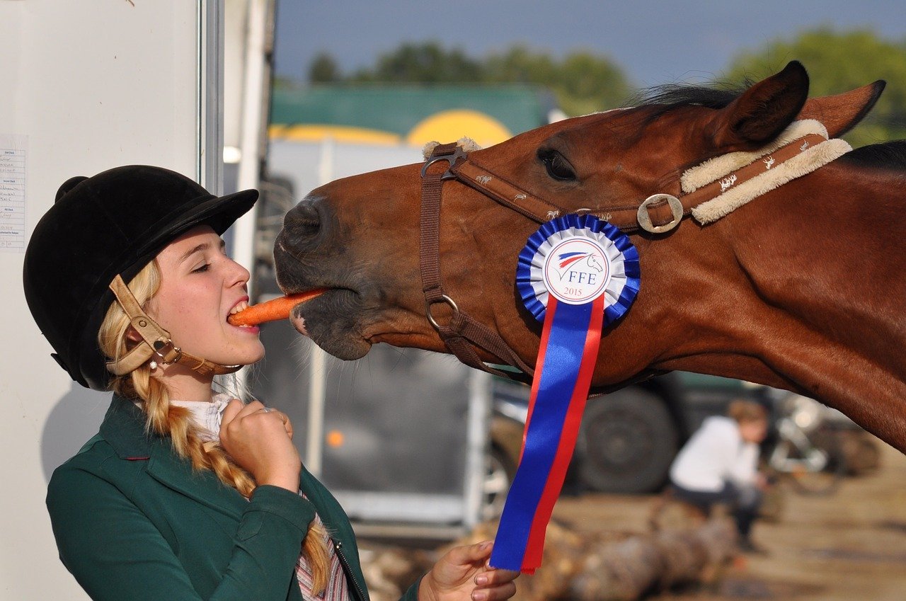 Mulher mordendo uma ponta de uma cenoura, enquanto um cavalo morde a outra ponta.