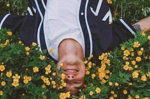 Homem deitado em um campo de flores, sorrindo.