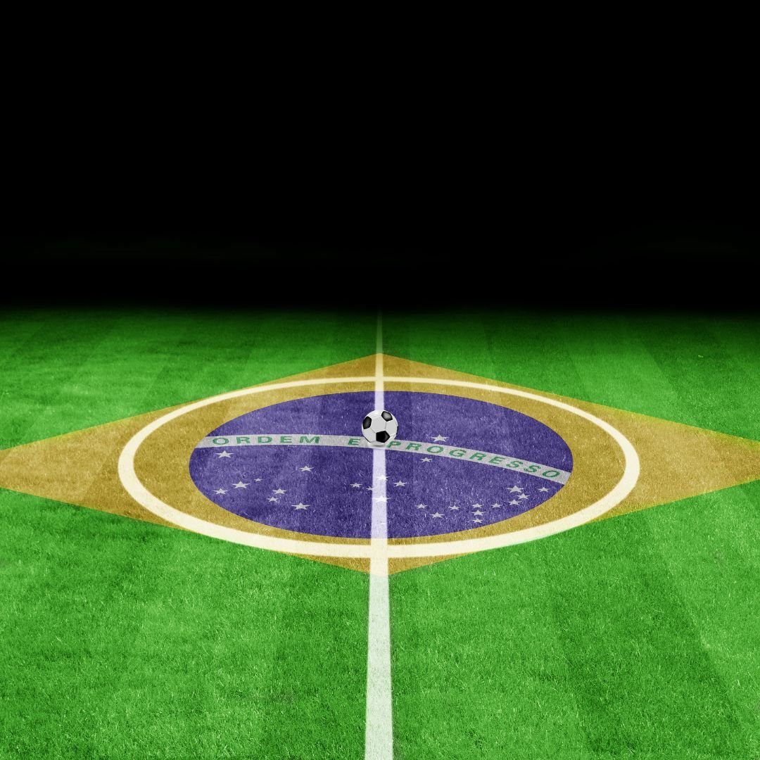 Imagem ilustrativa de um campo de futebol com a bola no centro e o símbolo do barsil no gramado