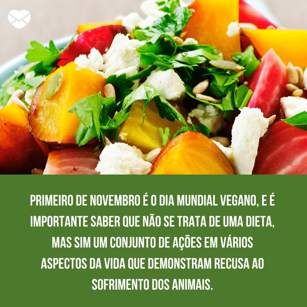 'Primeiro de novembro é o Dia Mundial Vegano, e é importante saber que não se trata de uma dieta, mas sim um conjunto de ações em vários aspectos da vida que demonstram recusa ao sofrimento dos animais.' -  Dia Mundial Vegano