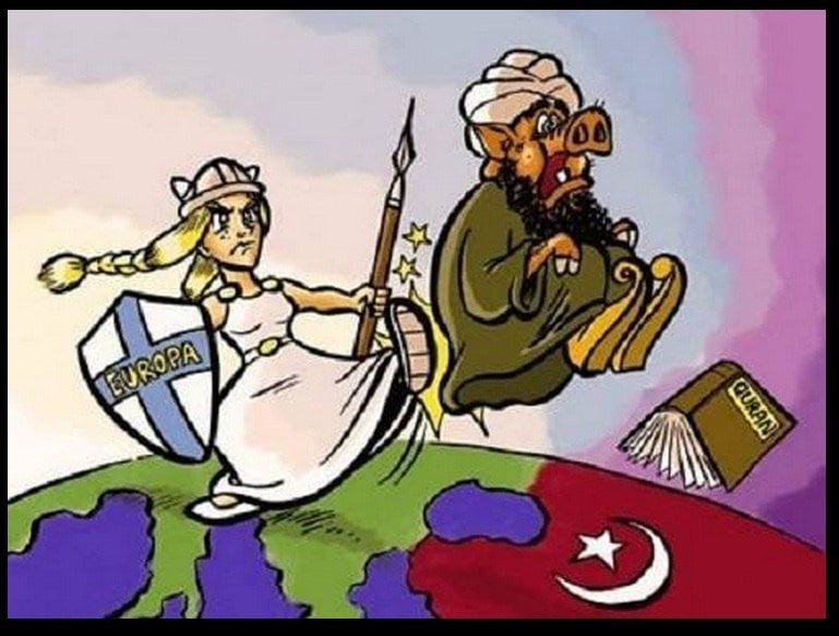 Desenho de uma mulher com trança, vestido branco e um escudo escrito 'europa' chutando um homem com turbante, nariz de porco e portando uma cópia do Alcorão.
