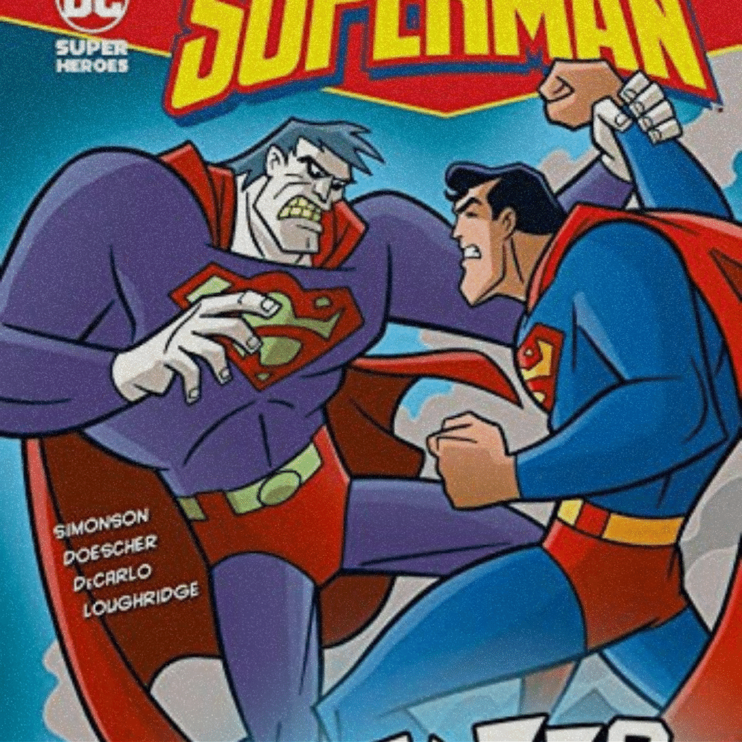 Superman e Bizarro lutando.