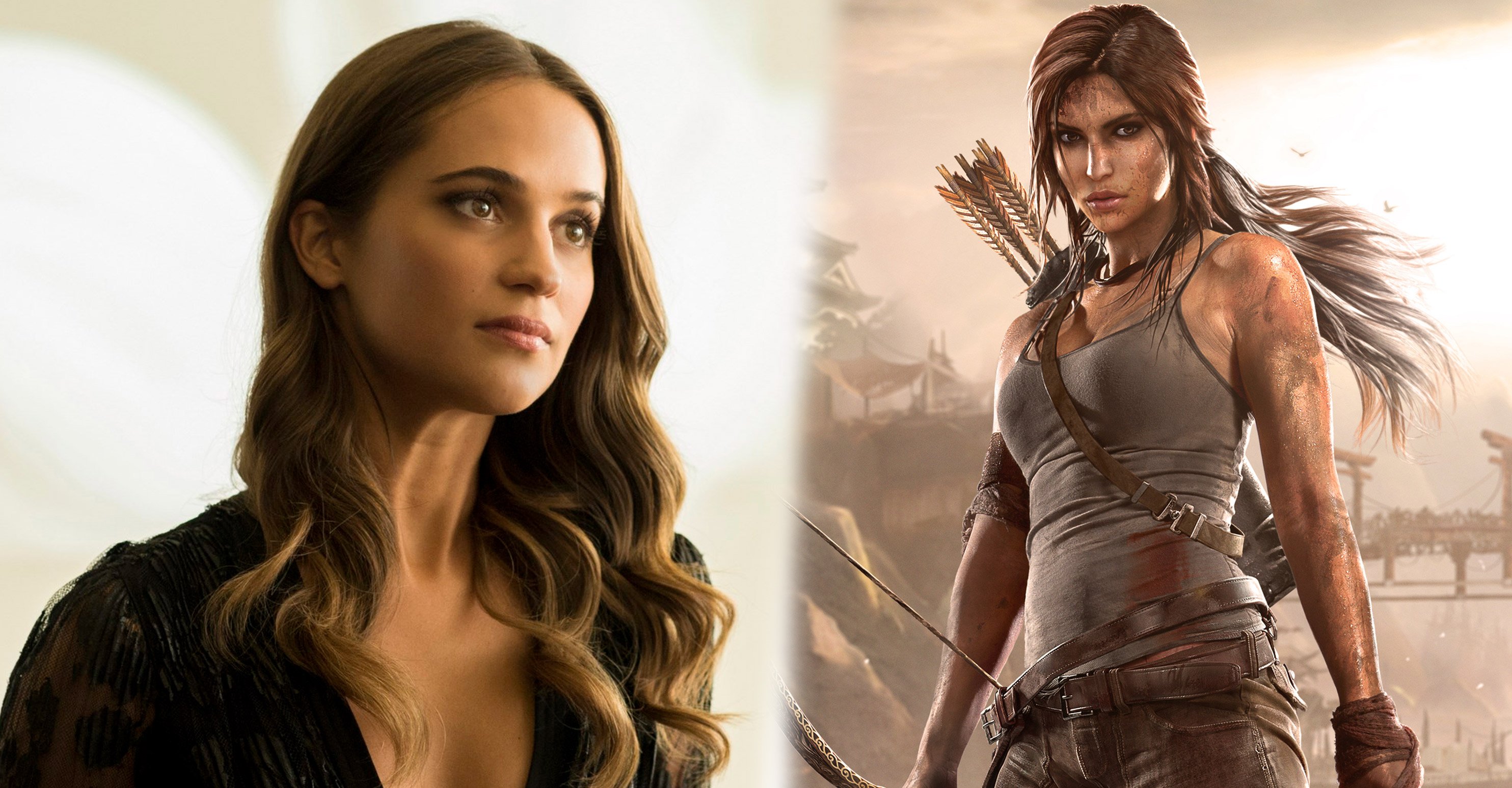 Atriz que fez o filme do jogo Tomb Raider ao lado de sua personagem Lara Croft