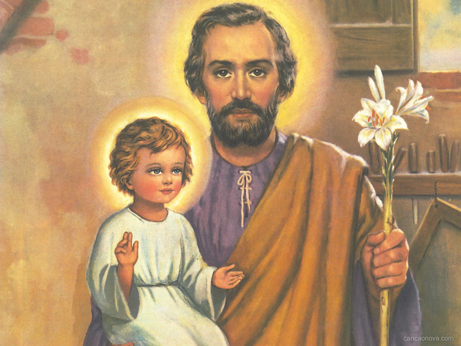 Ilustração de São José segurando menino Jesus e flor na outra mão