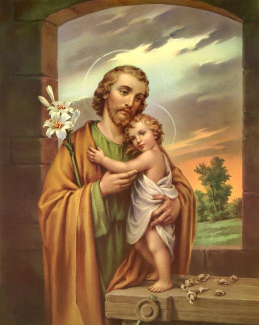 Ilustração de São José abraçado com menino Jesus