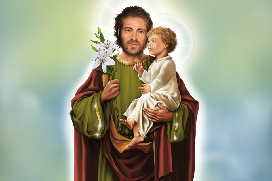 Ilustração de São José segurando menino Jesus e flor