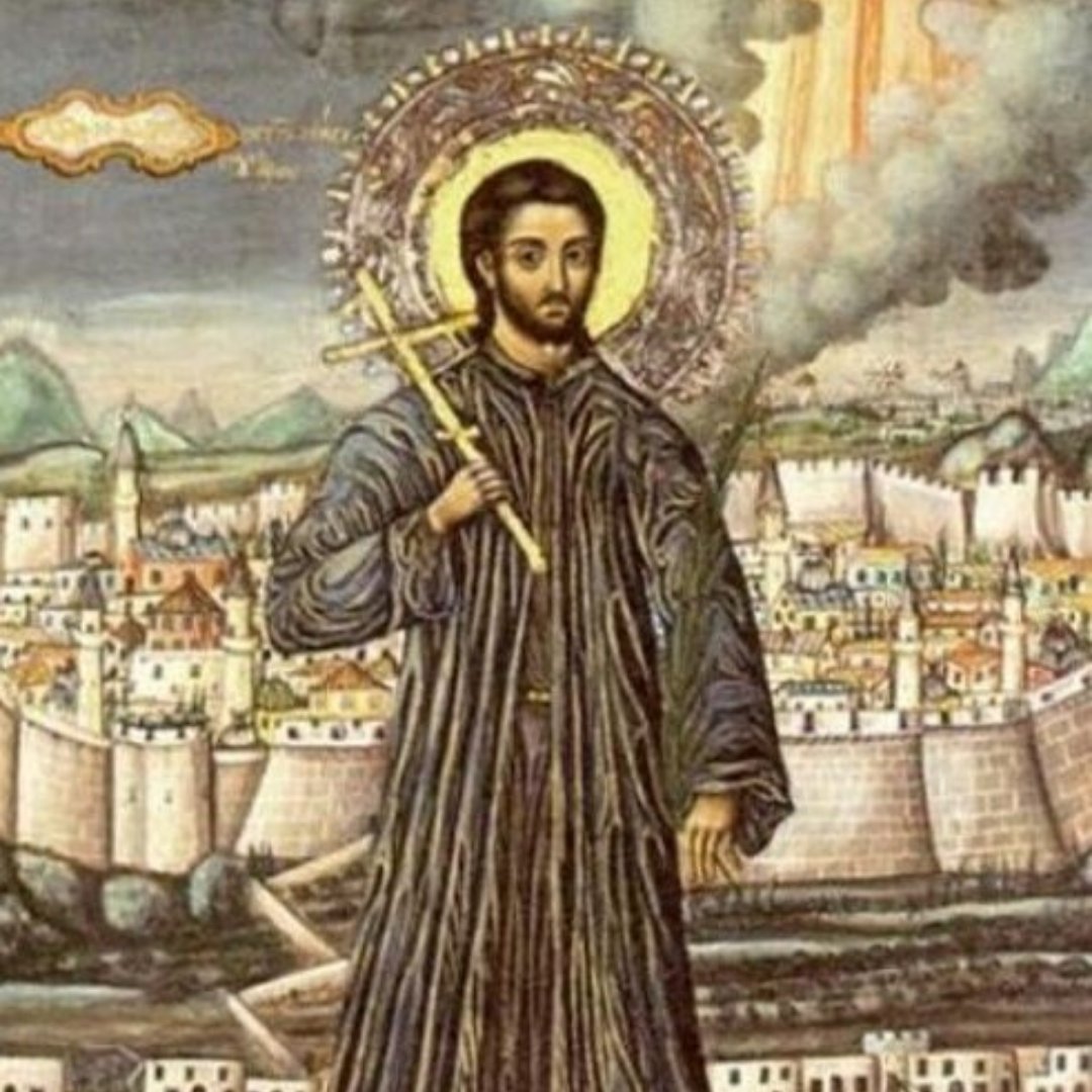 Pintura de São Constantino segurando uma cruz, com a cidade de Constantinopla ao fundo.