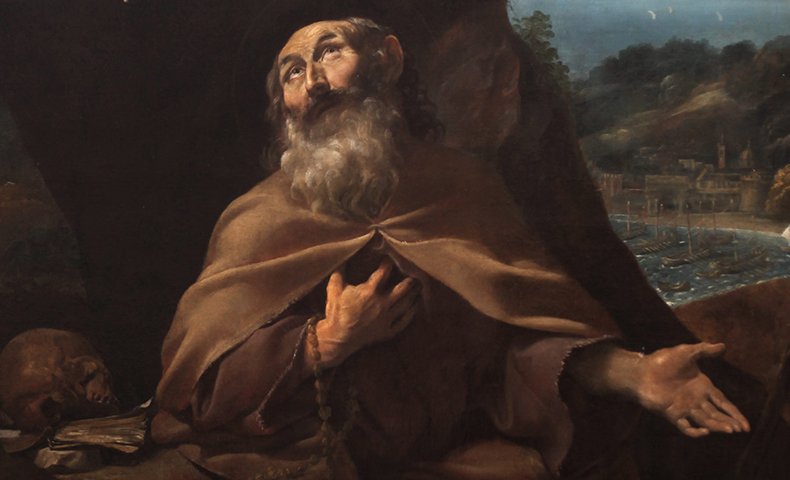 Pintura de São Conrado conversando enquanto olha para cima