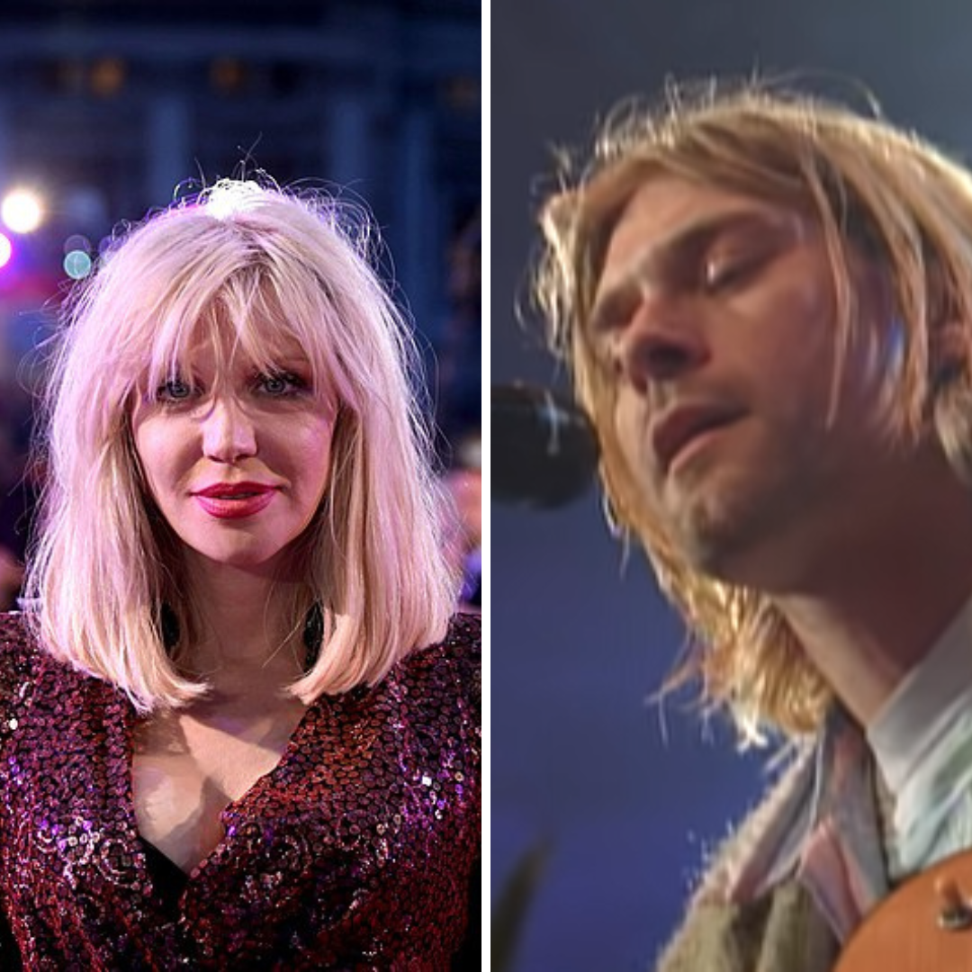 Courtney Love em tapete vermelho e Kurt Cobain em um show da MTV
