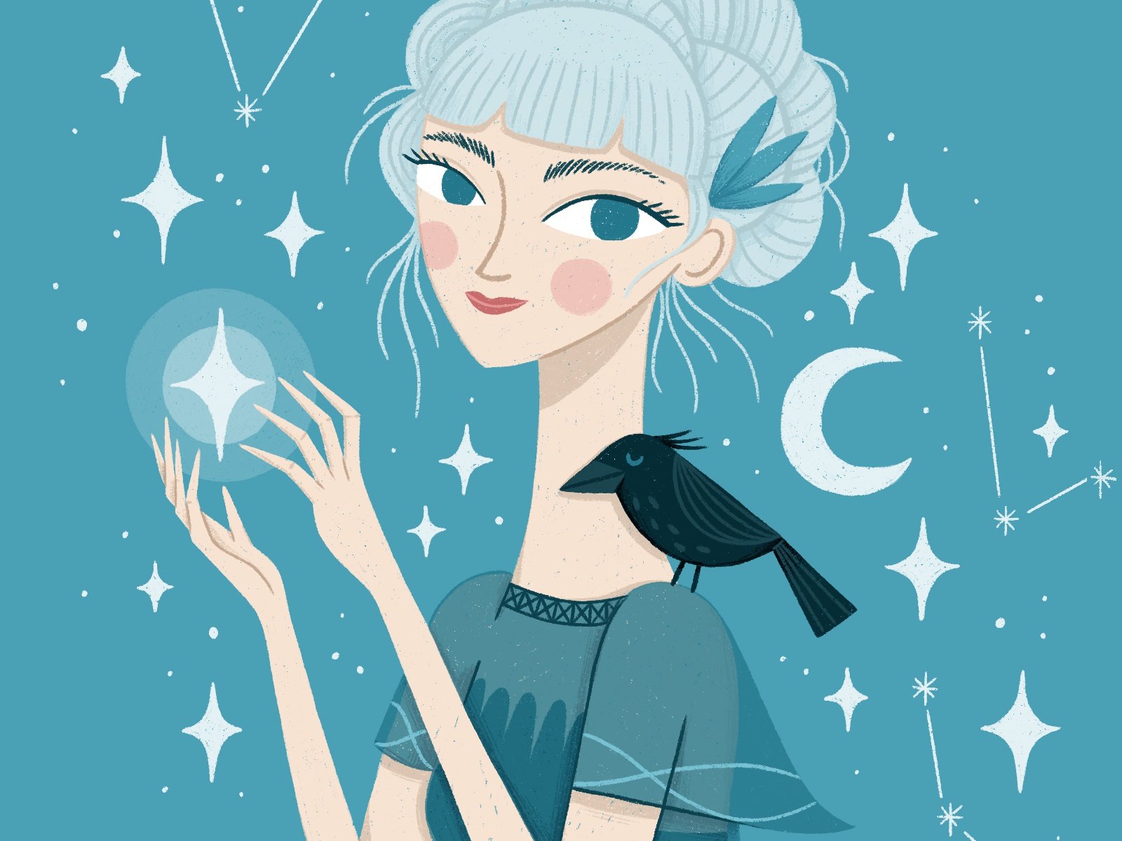 Ilustração de uma mulher cercada por constelações de estrelas