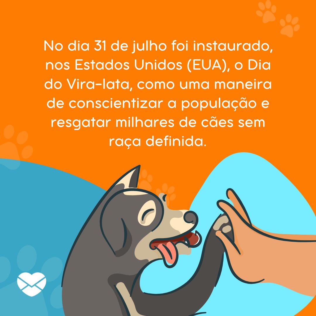 'No dia 31 de julho foi instaurado, nos Estados Unidos (EUA), o Dia do Vira-lata, como uma maneira de conscientizar a população e resgatar milhares de cães sem raça definida.' - Dia do Vira-lata