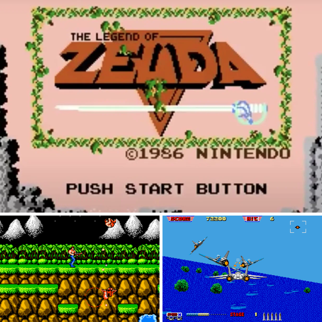 Cenas dos jogos Zelda - em cima - , After Burn - lado inferior direito - e Contra - lado inferior esquerdo -