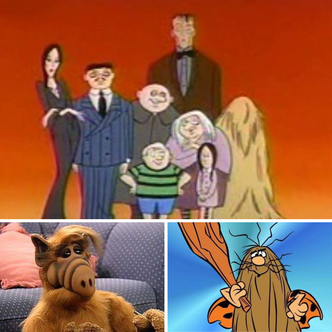 Posters e imagens das cenas da Família Adams, do Alf e do Capitão Caverna.