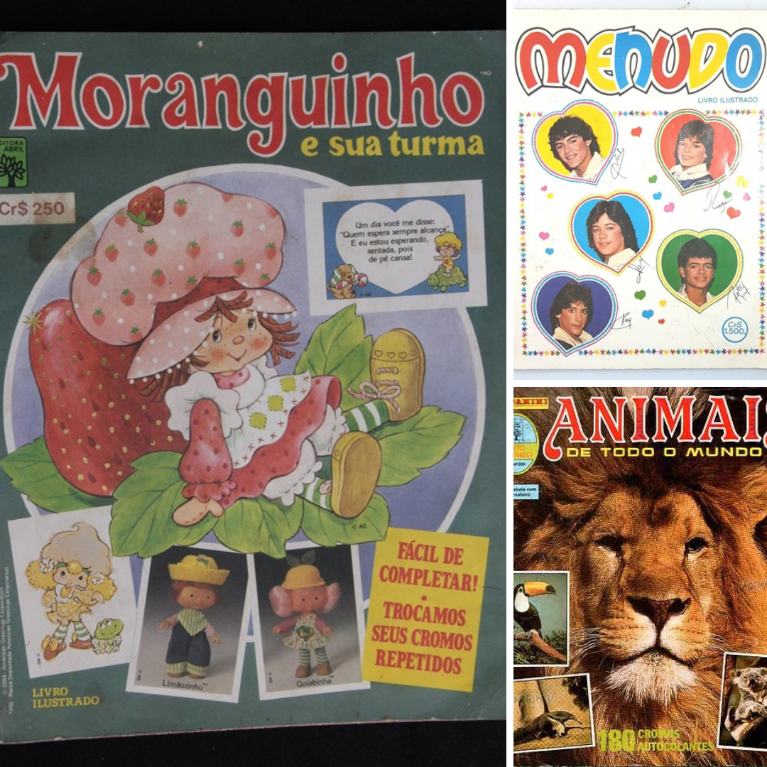 Ao lado esquerdo, há a capa do álbum da Moranguinho; já, ao  uperior, do Menudo e inferior, Animais de Todo o Mundo.