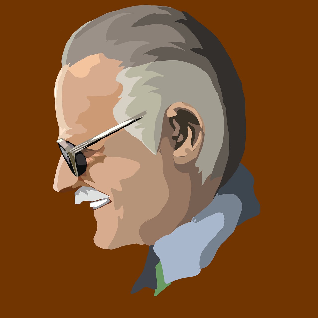 Ilustração de Stan Lee sorrindo de perfil com óculos de sol