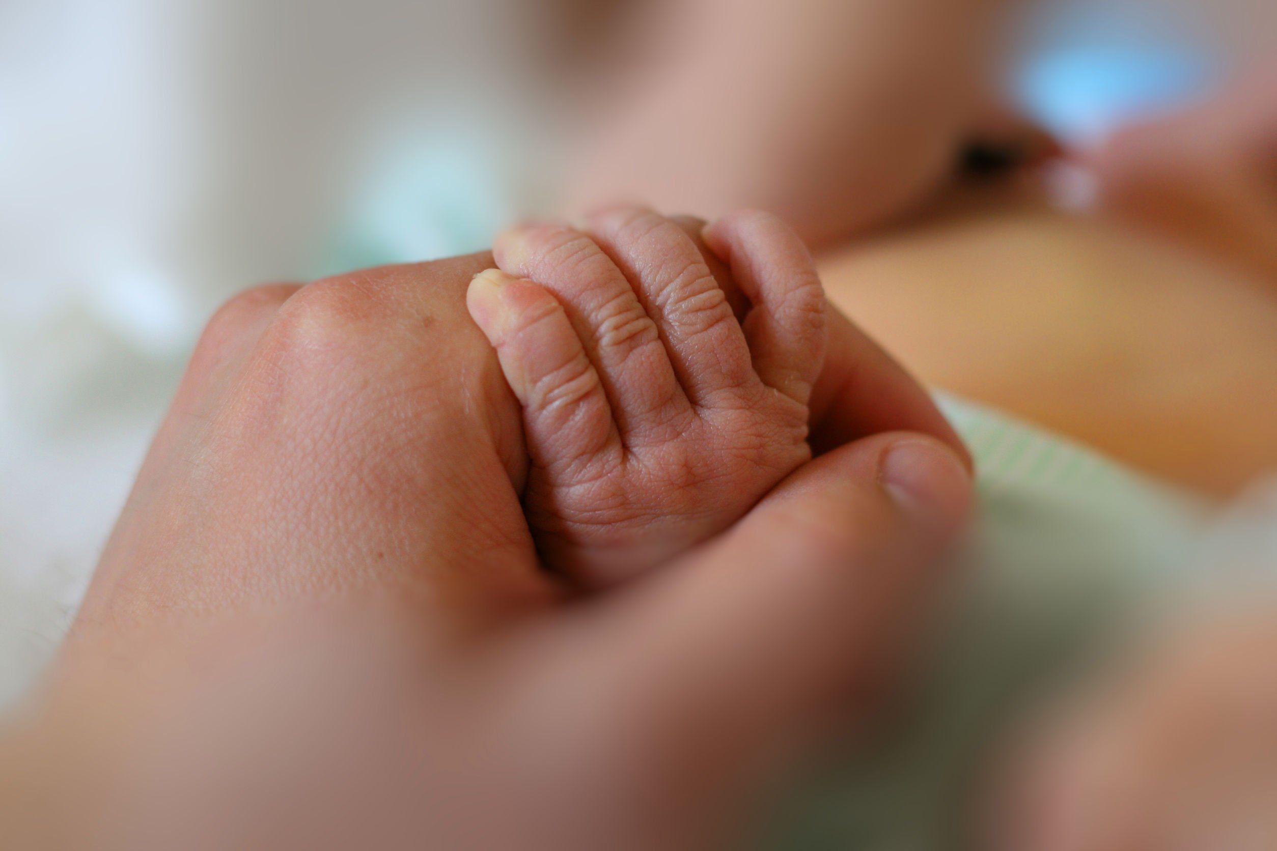 Pessoa segurando mão de bebe