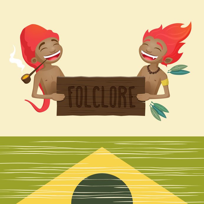 Ilustração do personagem Saci segurando uma placa escrito 'Folclore' e em baixo a bandeira do Brasil