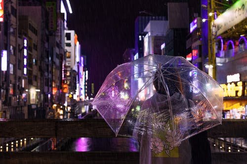 Mulher com um guarda-chuva transparente em uma rua à noite