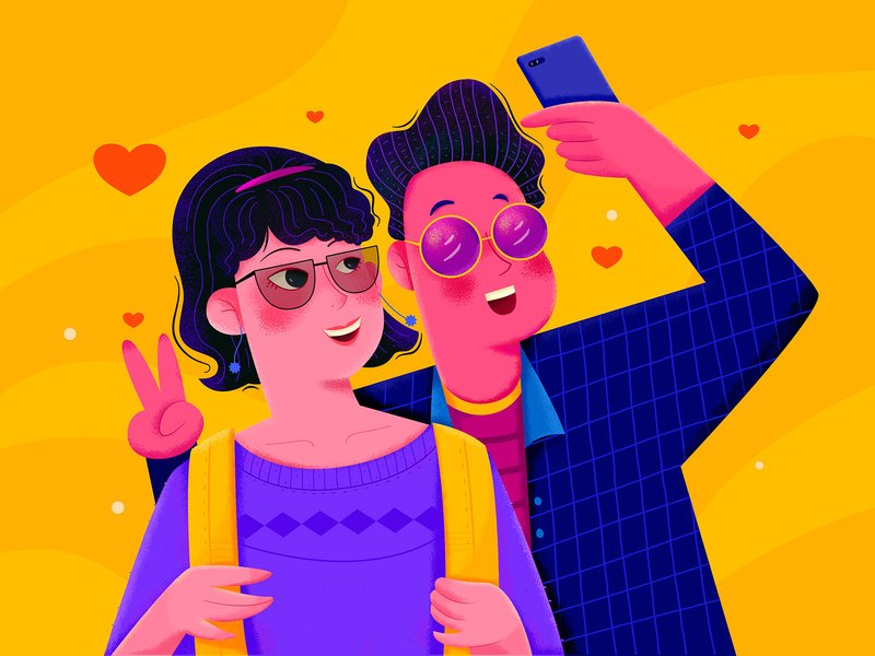 Ilustração de casal tirando selfie no celular.