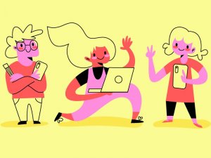 Ilustração de meninas usando celulares e computadores.