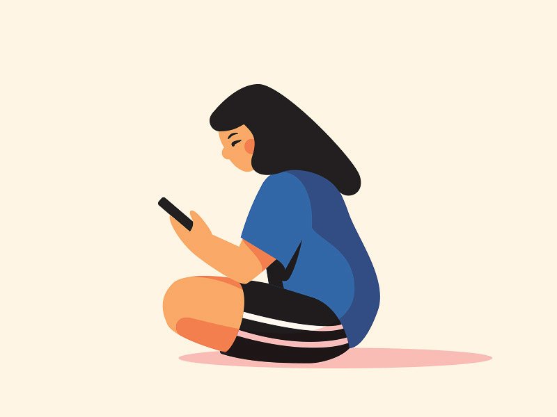 Ilustração de menina sentada usando o celular.
